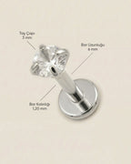 Gümüş renkli 316L cerrahi çelik 6 mm tektaş flatback tragus piercing tasarımın ölçüleri.