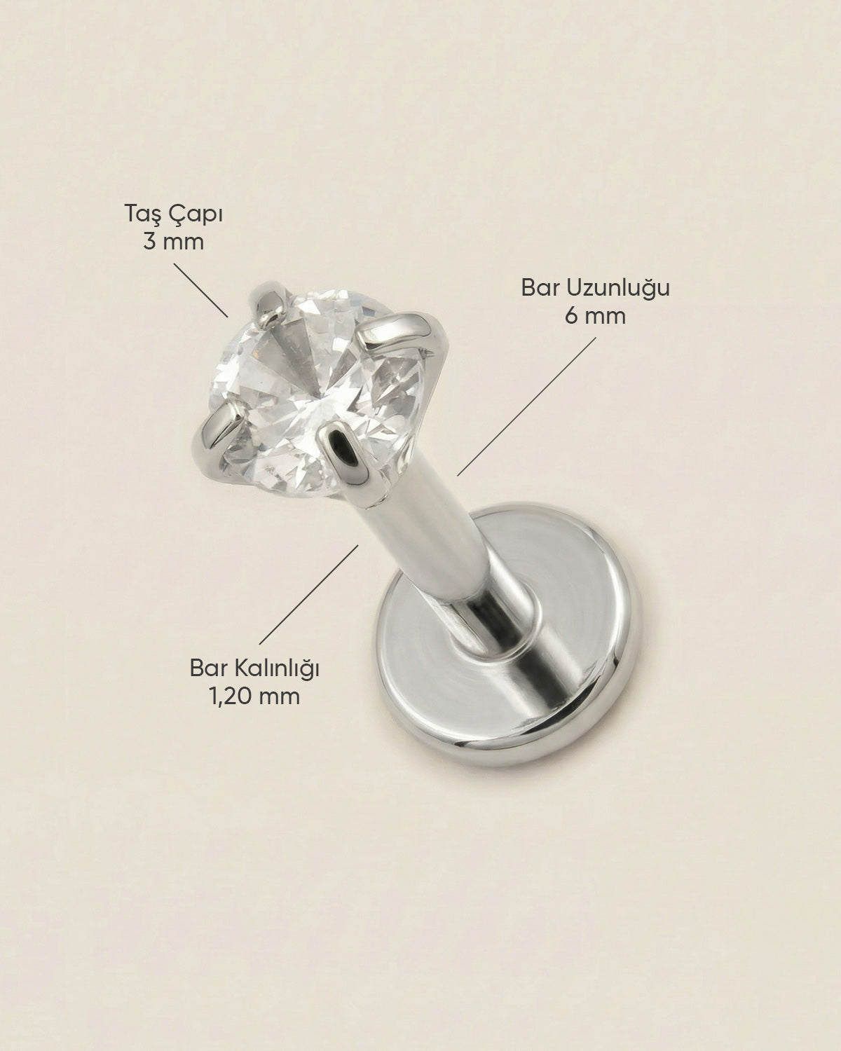 Gümüş renkli 316L cerrahi çelik 6 mm tektaş flatback tragus piercing tasarımın ölçüleri.