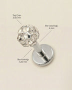 Gümüş renkli 316L cerrahi çelik 6 mm toplu flatback tragus piercing tasarımın ölçüleri.