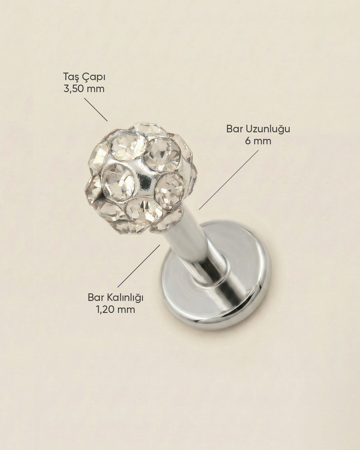 Gümüş renkli 316L cerrahi çelik 6 mm toplu flatback tragus piercing tasarımın ölçüleri.