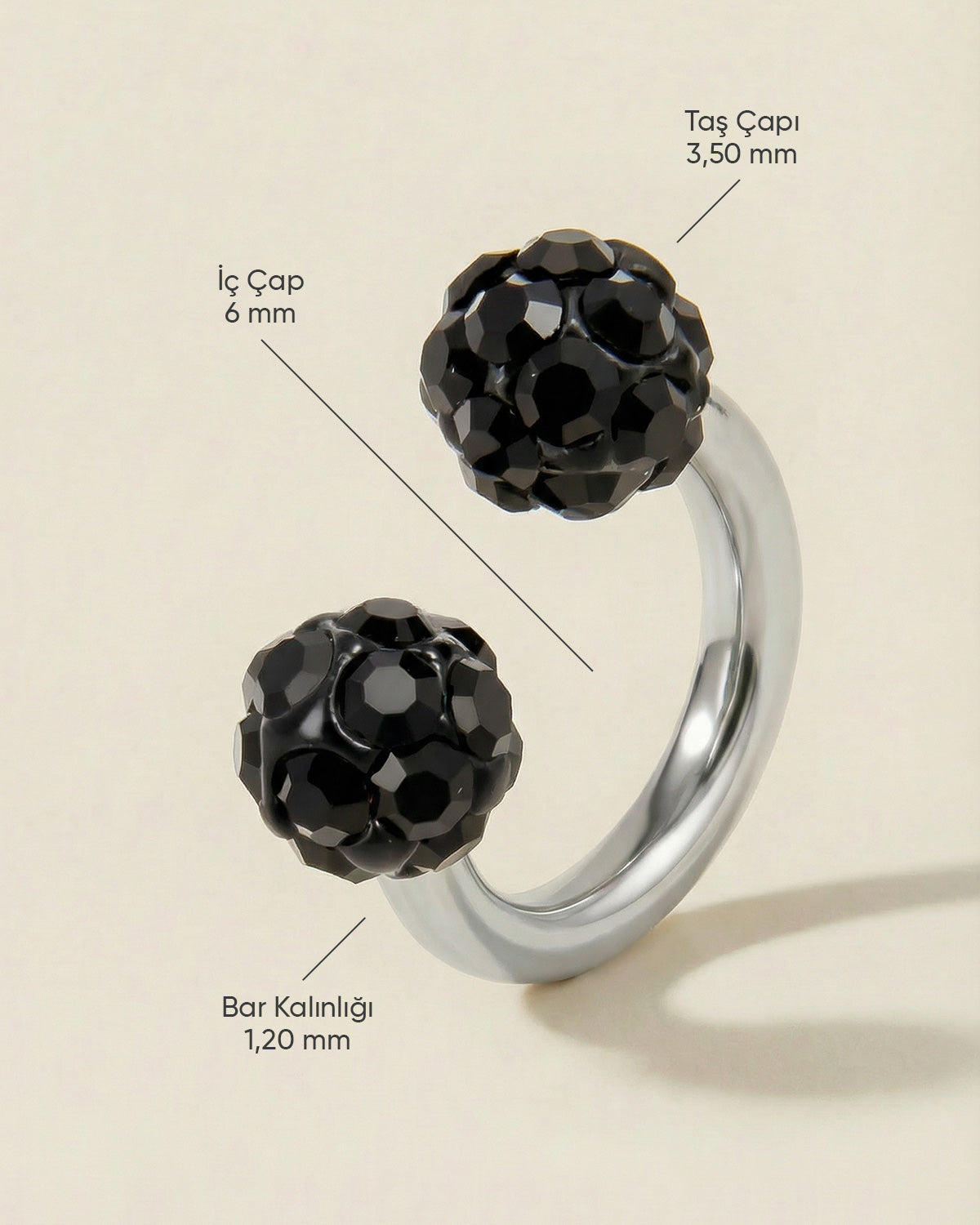 Gümüş renkli siyah toplu 316L cerrahi çelik 6 mm zirkon taşlı yarım halka piercing tasarımın ölçüleri.