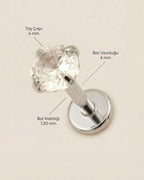 Gümüş renkli 316L cerrahi çelik 6 mm zirkon taşlı flatback tragus piercing tasarımın ölçüleri.