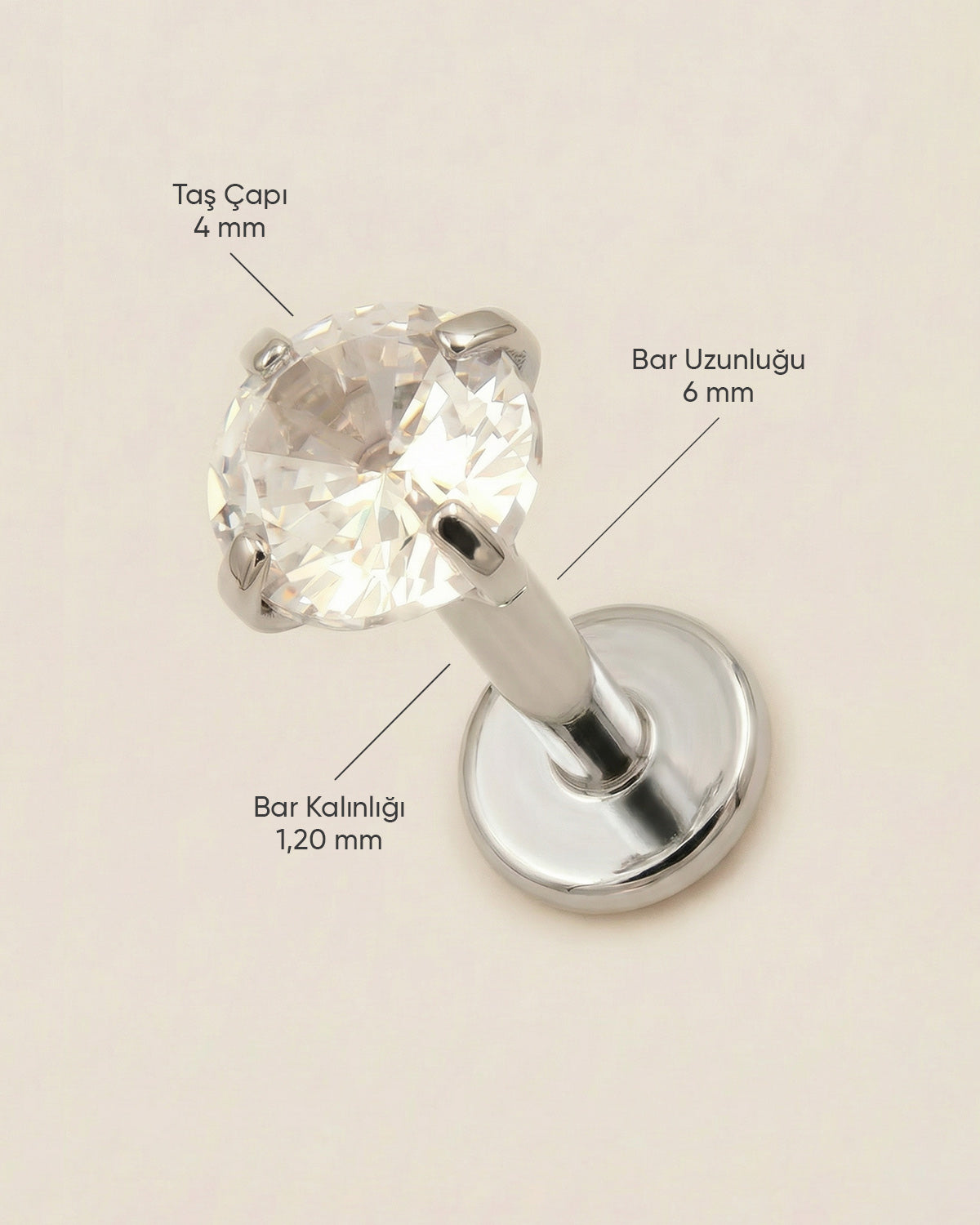 Gümüş renkli 316L cerrahi çelik 6 mm zirkon taşlı flatback tragus piercing tasarımın ölçüleri.