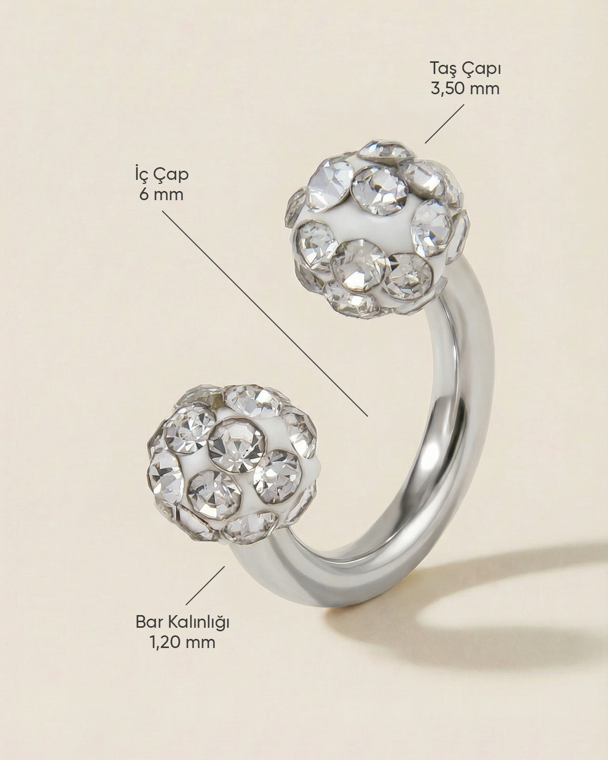Gümüş renkli 316L cerrahi çelik 6 mm zirkon taşlı yarım halka piercing tasarımın ölçüleri.
