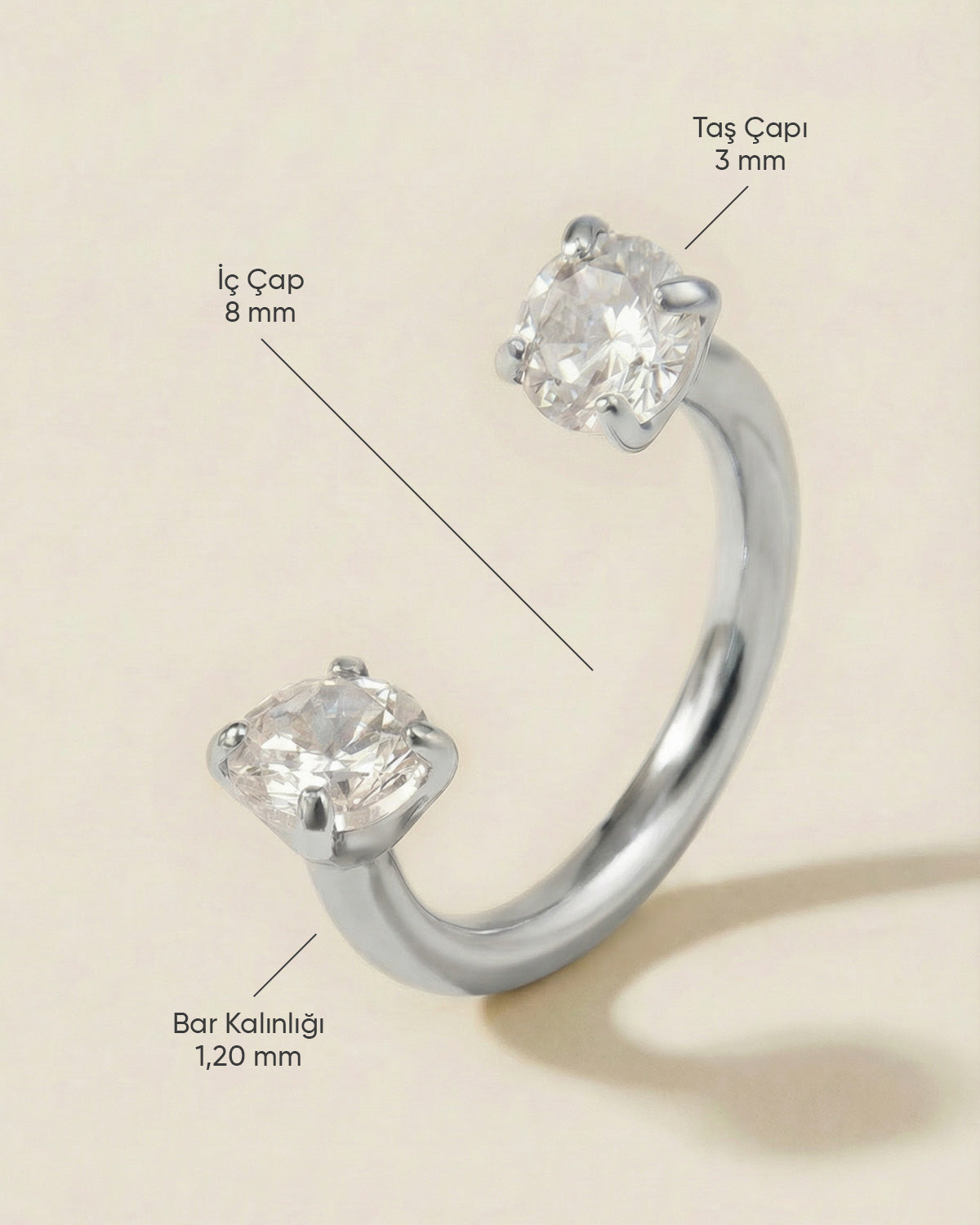 Gümüş renkli 316L cerrahi çelik 8 mm çift tektaş yarım halka piercing tasarımın ölçüleri.