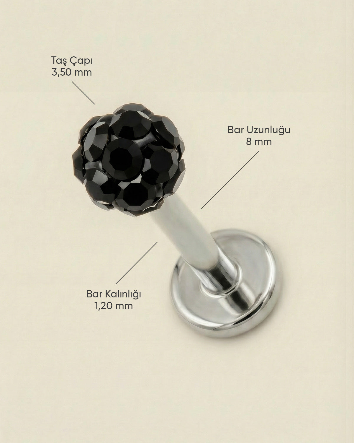 Gümüş renkli siyah toplu 316L cerrahi çelik 8 mm toplu flatback tragus piercing tasarımın ölçüleri.