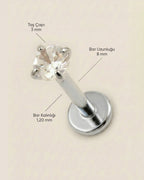 Gümüş renkli 316L cerrahi çelik 8 mm tektaş flatback tragus piercing tasarımın ölçüleri.
