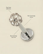 Gümüş renkli 316L cerrahi çelik 8 mm toplu flatback tragus piercing tasarımın ölçüleri.