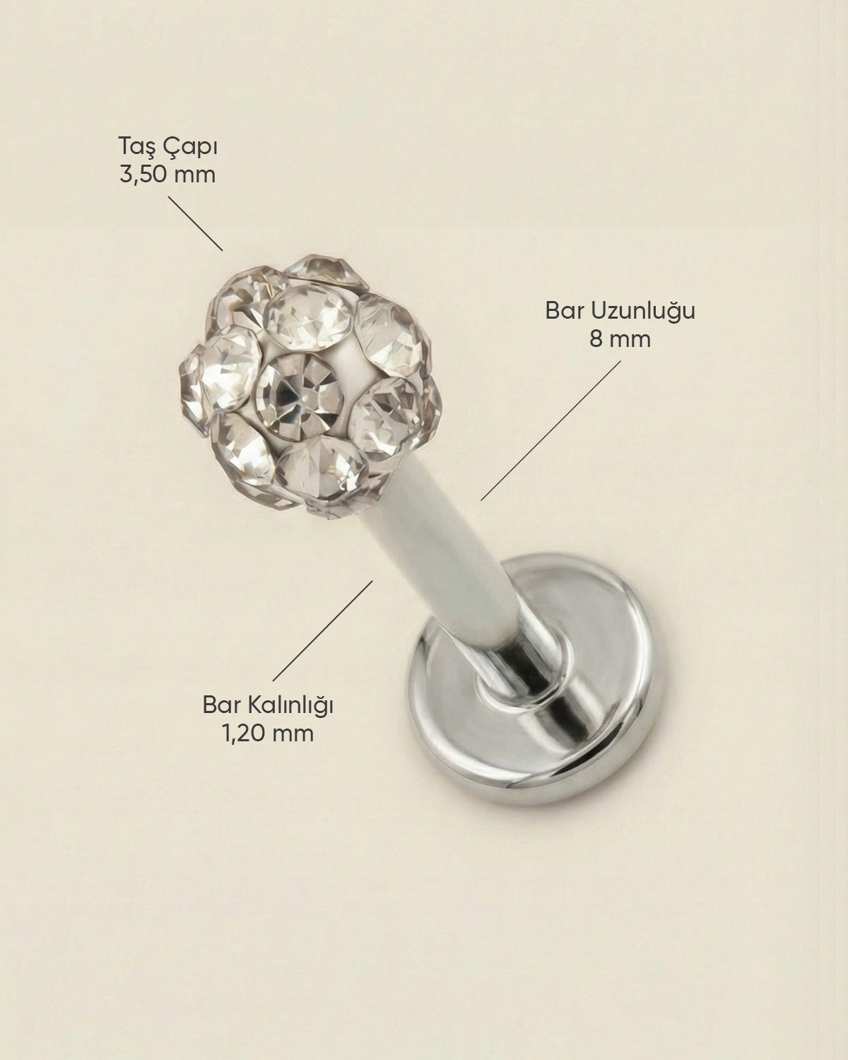 Gümüş renkli 316L cerrahi çelik 8 mm toplu flatback tragus piercing tasarımın ölçüleri.