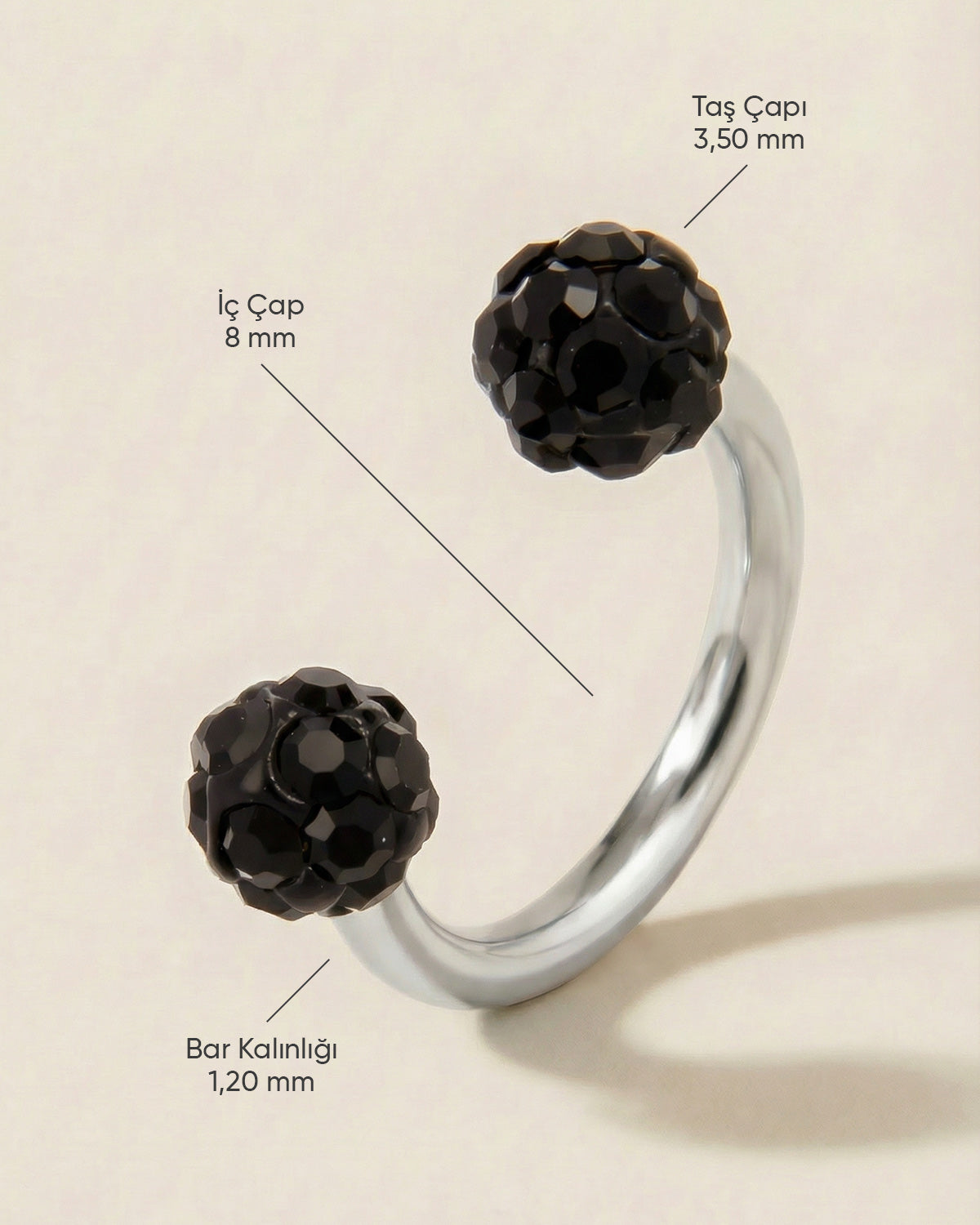 Gümüş renkli siyah toplu 316L cerrahi çelik 8 mm zirkon taşlı yarım halka piercing tasarımın ölçüleri.