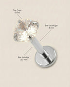 Gümüş renkli 316L cerrahi çelik 8 mm zirkon taşlı flatback tragus piercing tasarımın ölçüleri.