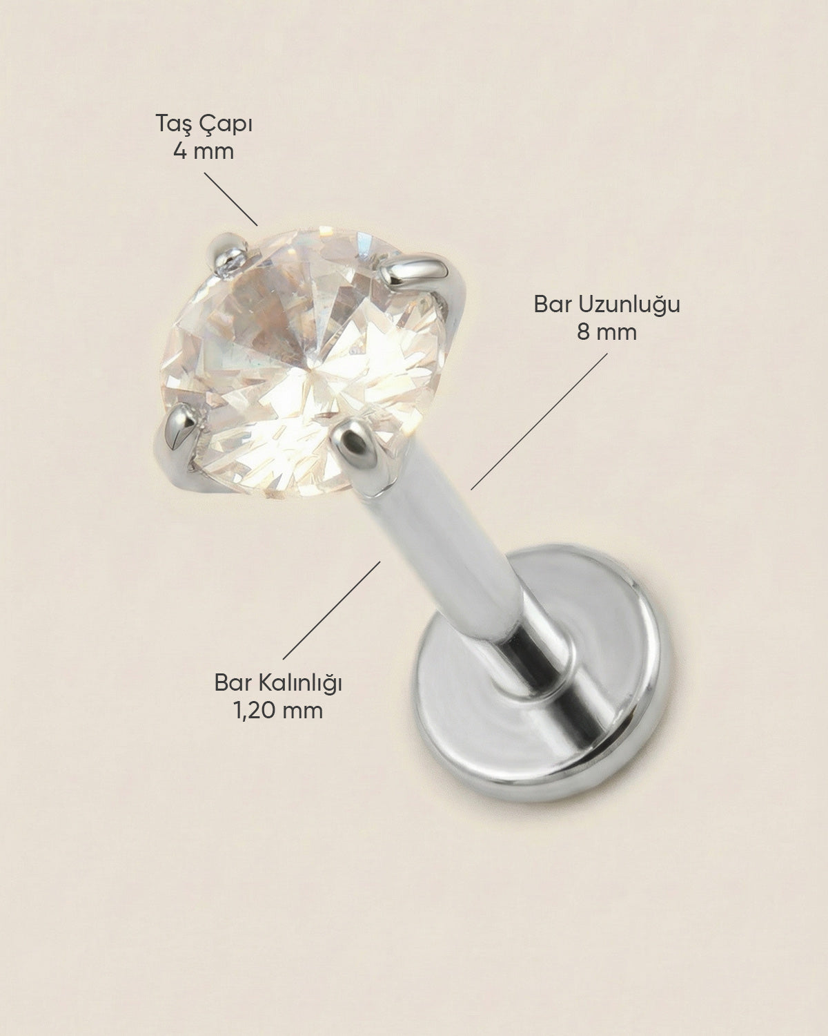 Gümüş renkli 316L cerrahi çelik 8 mm zirkon taşlı flatback tragus piercing tasarımın ölçüleri.