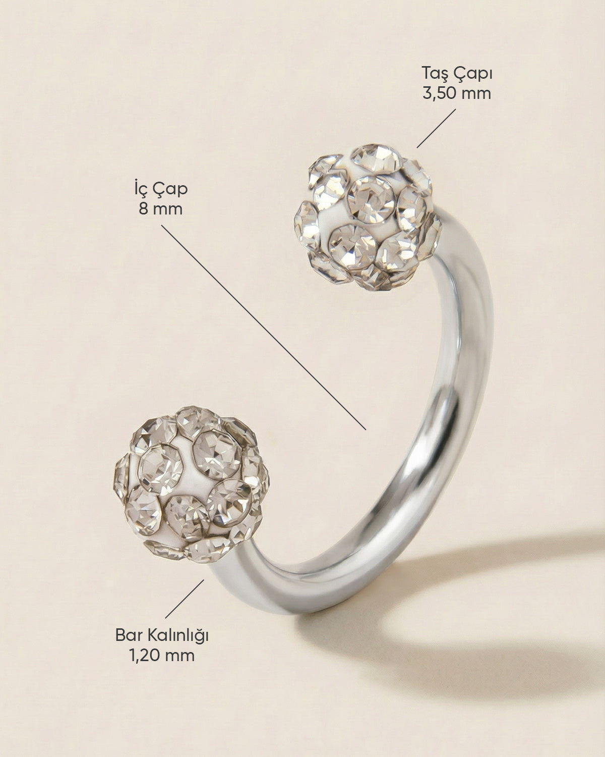 Gümüş renkli 316L cerrahi çelik 8 mm zirkon taşlı yarım halka piercing tasarımın ölçüleri.
