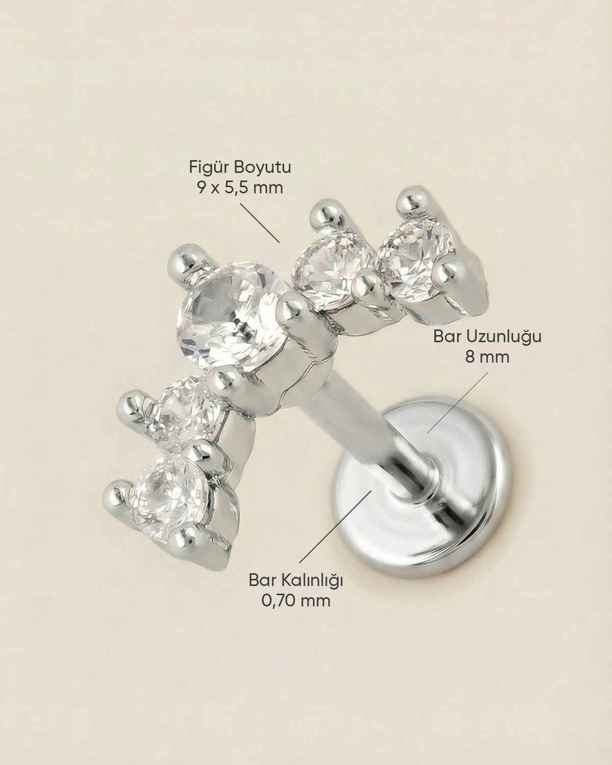 Silver Colored 316L Surgical Steel Five Stone Curved Flatback Piercing