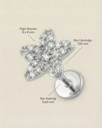 Gümüş renkli 316L cerrahi çelik çiçek formlu flatback piercing tasarımın ölçüleri.