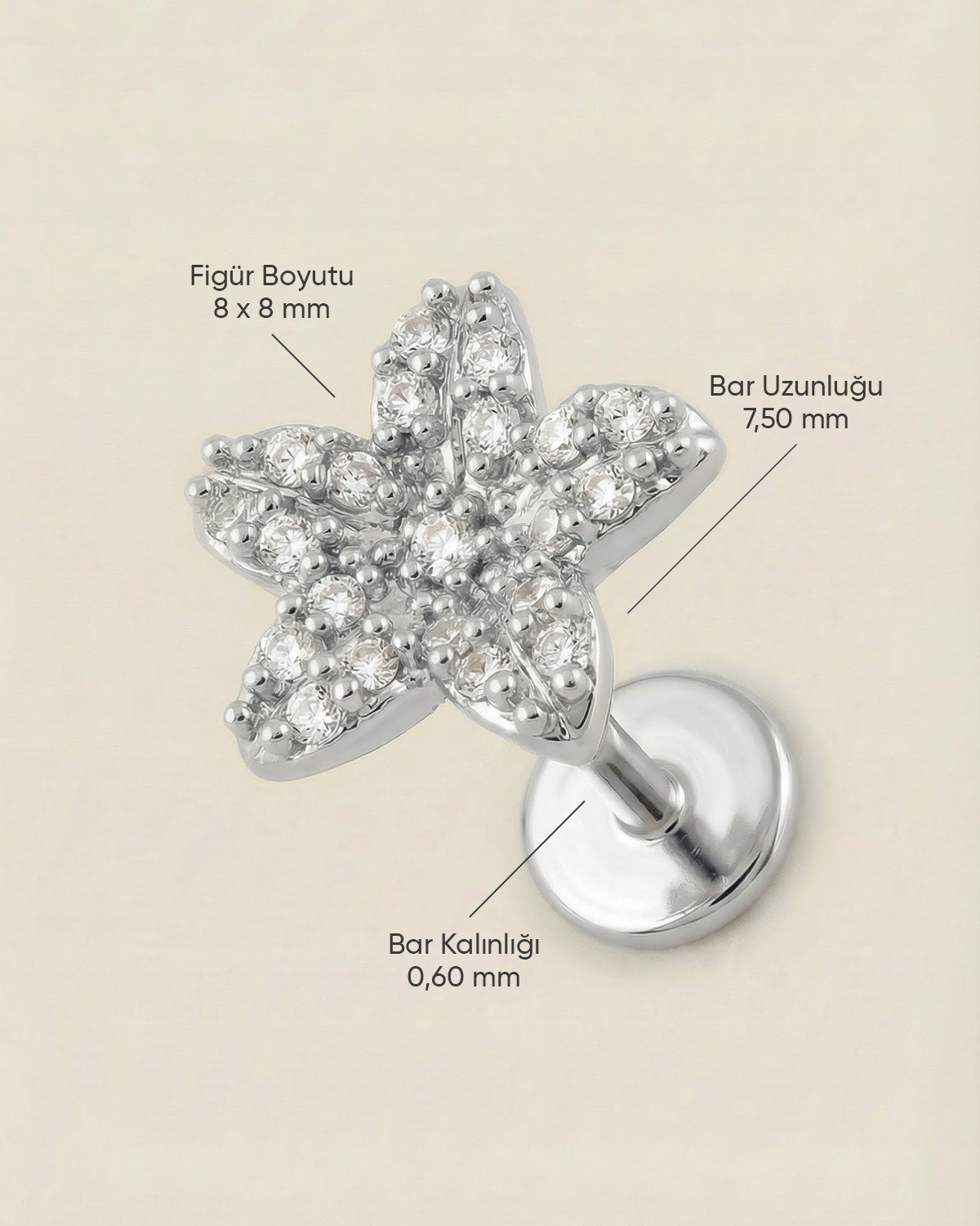 Gümüş renkli 316L cerrahi çelik çiçek formlu flatback piercing tasarımın ölçüleri.