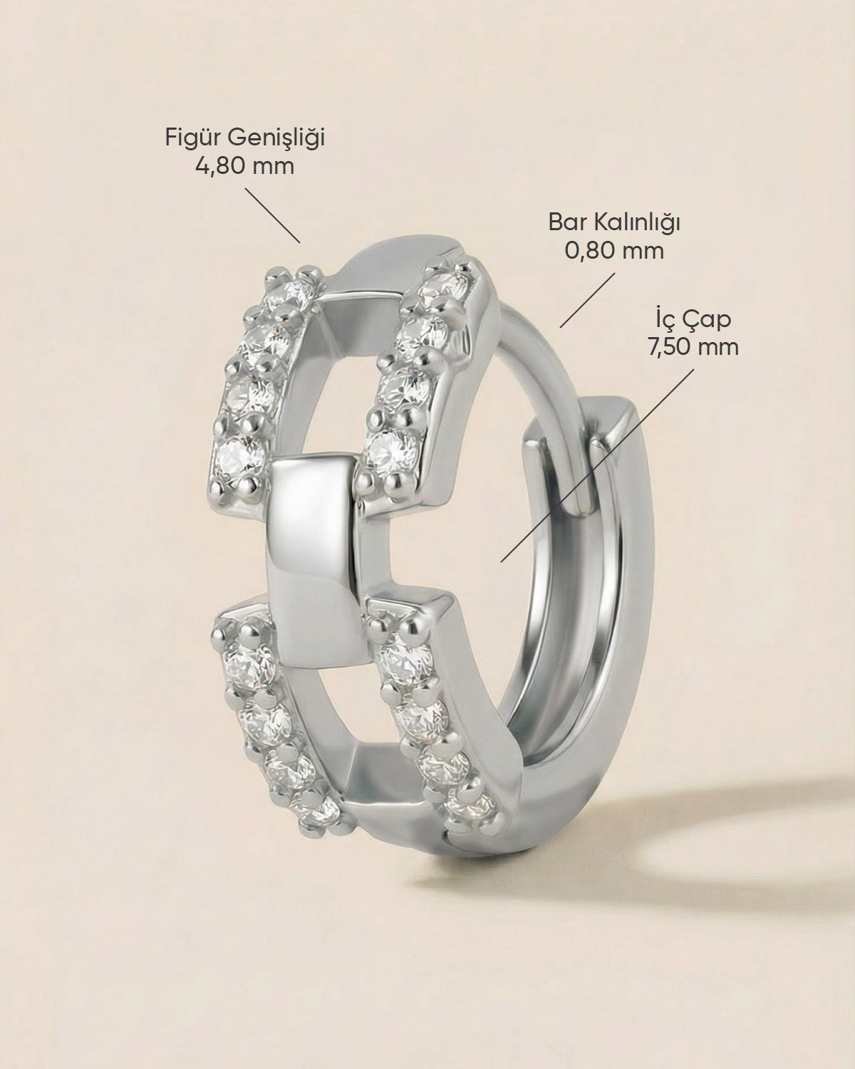 Gümüş renkli çelik çift bantlı geometrik zirkon taşlı halka piercingin ölçüleri.