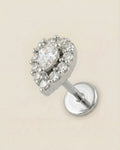 Gümüş renkli 316L cerrahi çelik damla kesim zirkon taşlı flatback piercing tasarımı.