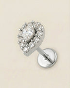 Gümüş renkli 316L cerrahi çelik damla kesim zirkon taşlı flatback piercing tasarımı.