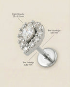 Gümüş renkli 316L cerrahi çelik damla kesim zirkon taşlı flatback piercing tasarımın ölçüleri.