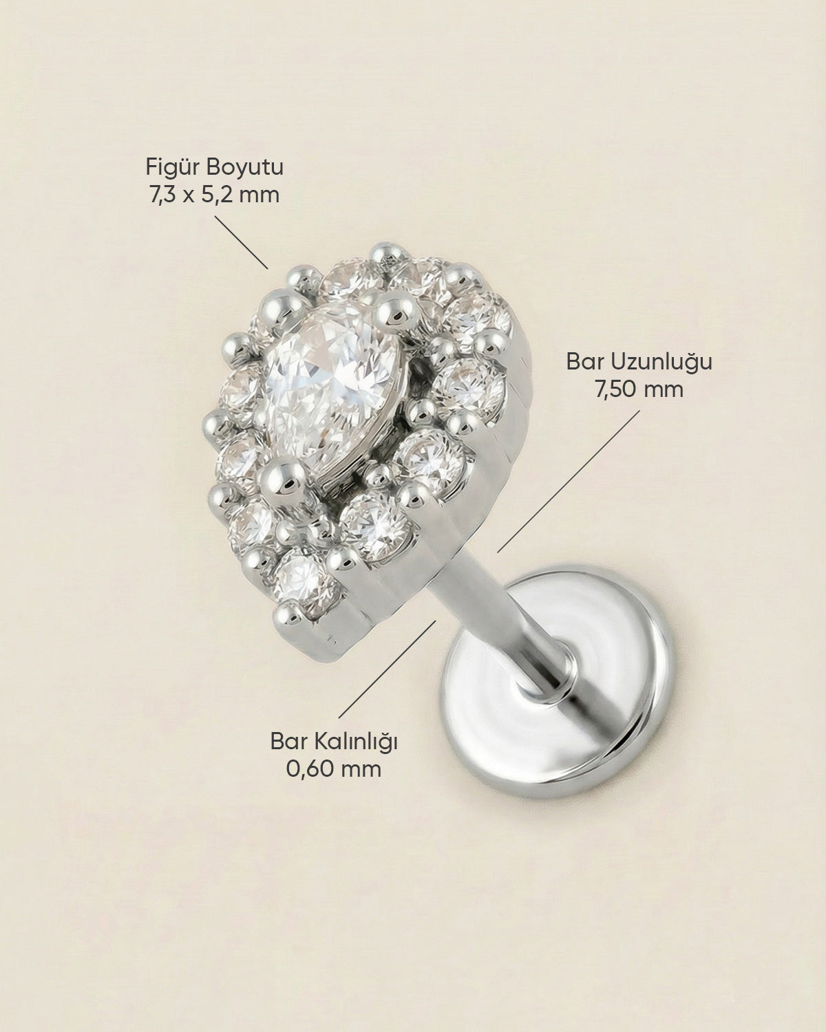 Gümüş renkli 316L cerrahi çelik damla kesim zirkon taşlı flatback piercing tasarımın ölçüleri.