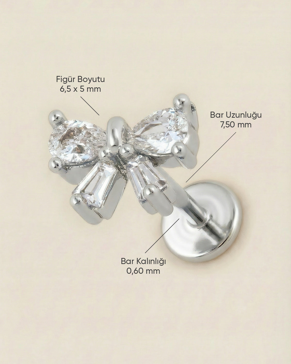 Gümüş renkli 316L cerrahi çelik damla zirkon taşlı kurdele flatback piercingin ölçüleri.