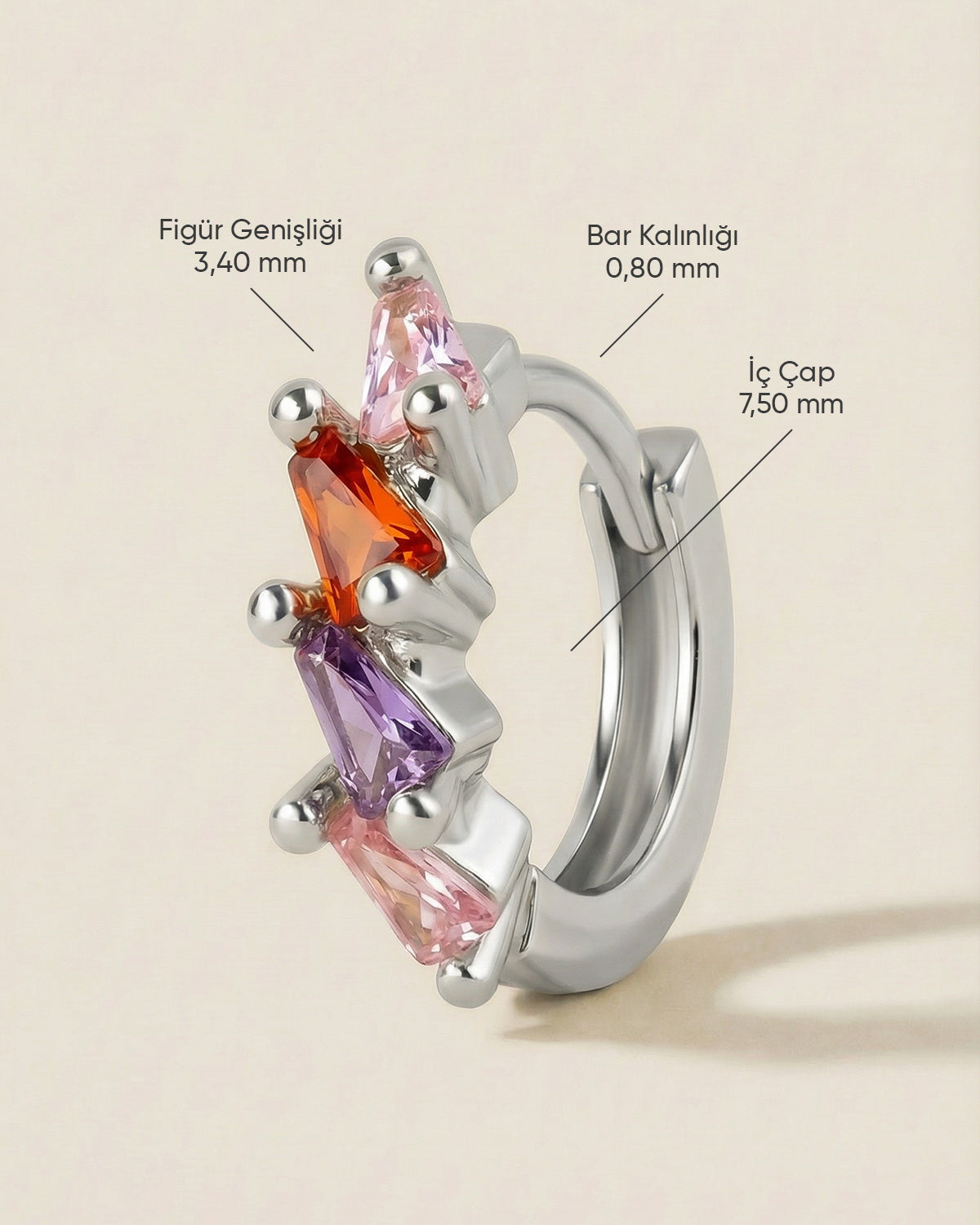Gümüş renkli çelik geometrik renkli zirkon taşlı halka piercingin ölçüleri.
