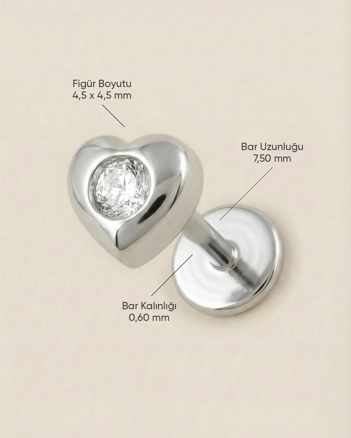 Gümüş renkli 316L cerrahi çelik kalın çerçeveli kalp zirkon taşlı flatback piercingin ölçüleri.