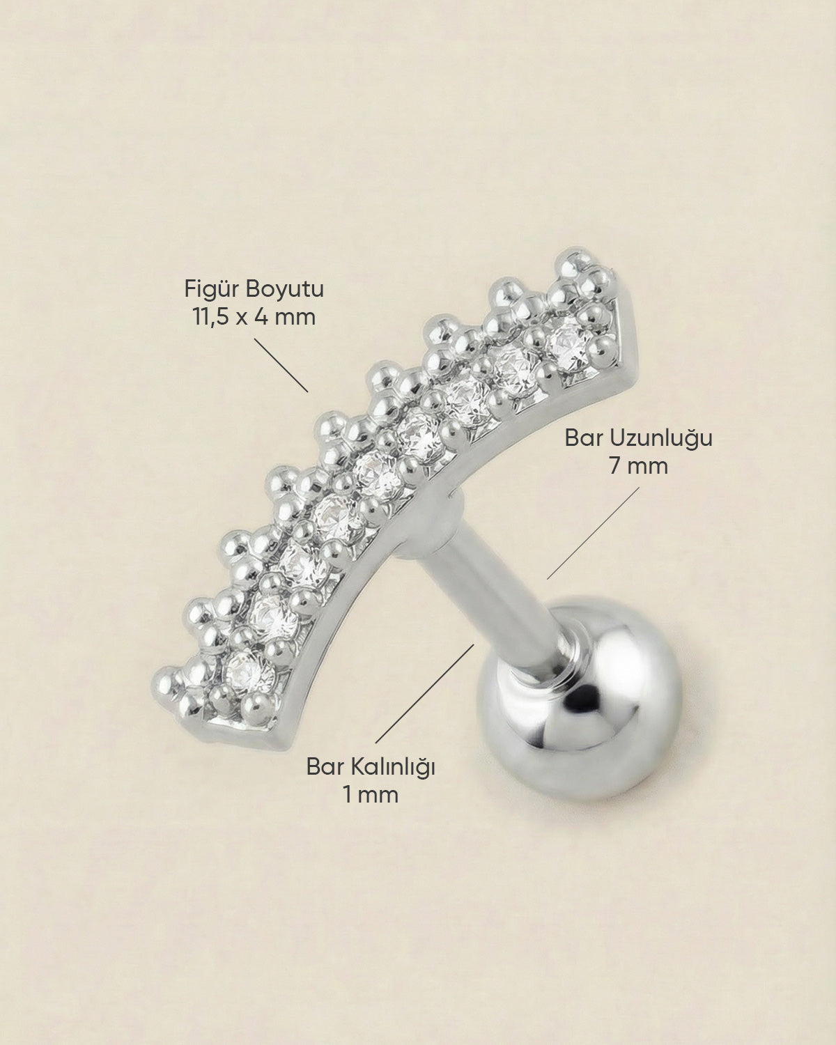 Gümüş renkli 316L cerrahi çelik kavisli zirkon taşlı tragus piercing tasarımın ölçüleri.