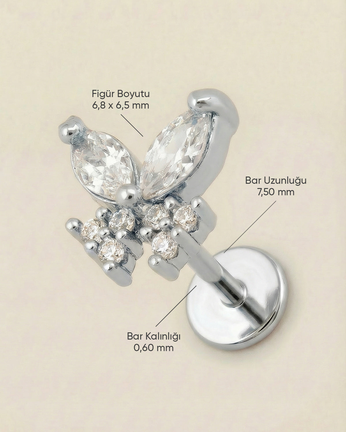 Gümüş renkli 316L cerrahi çelik markiz kanatlı kelebek formlu flatback piercingin ölçüleri.