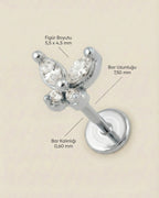 Gümüş renkli 316L cerrahi çelik minimal kelebek formlu flatback piercing tasarımın ölçüleri.