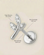 Gümüş renkli 316L cerrahi çelik minimal yaprak formlu flatback piercing tasarımın ölçüleri.