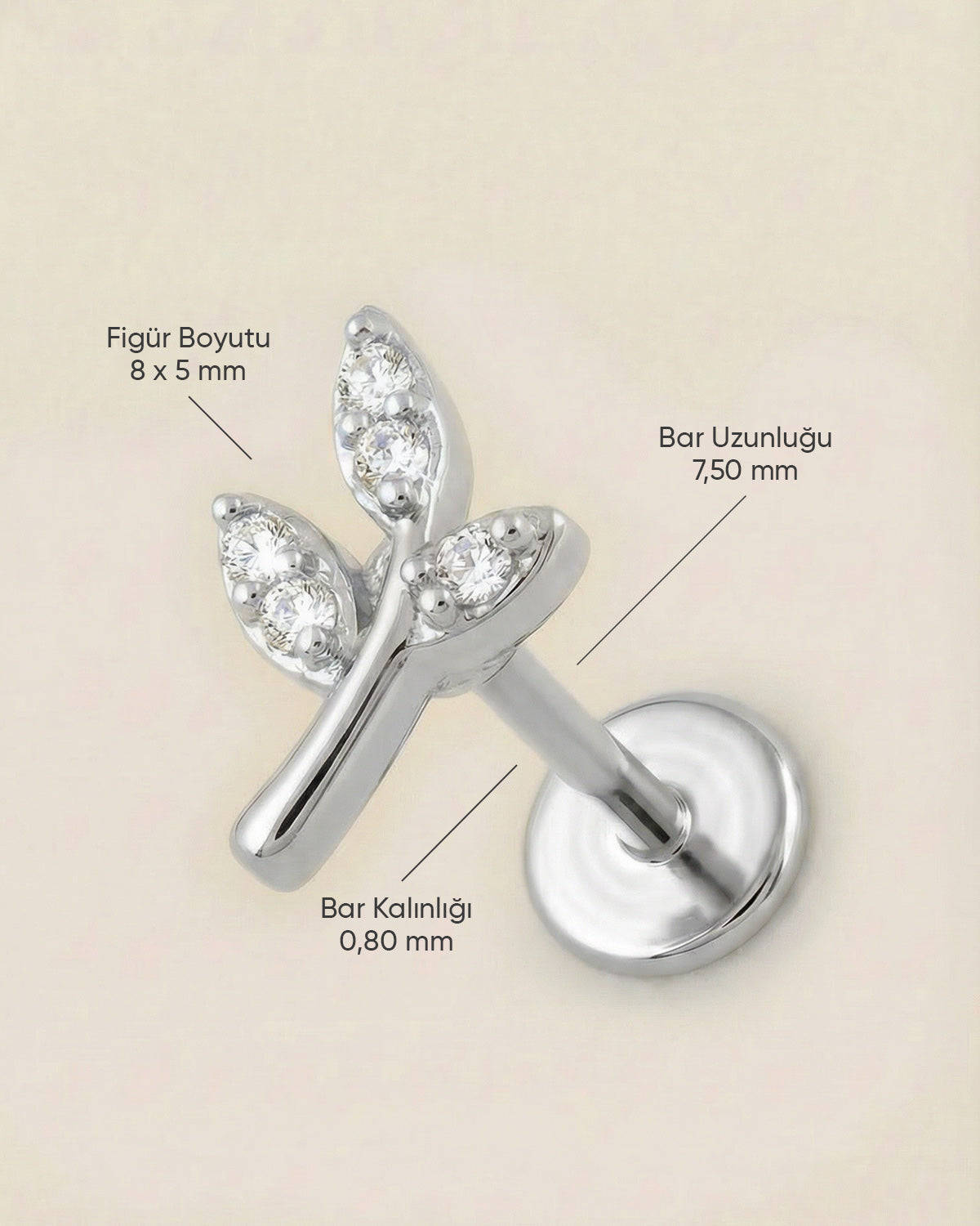 Gümüş renkli 316L cerrahi çelik minimal yaprak formlu flatback piercing tasarımın ölçüleri.