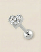 Gümüş renkli 316L cerrahi çelik pave zirkon taşlı kalp tragus piercing tasarımı.