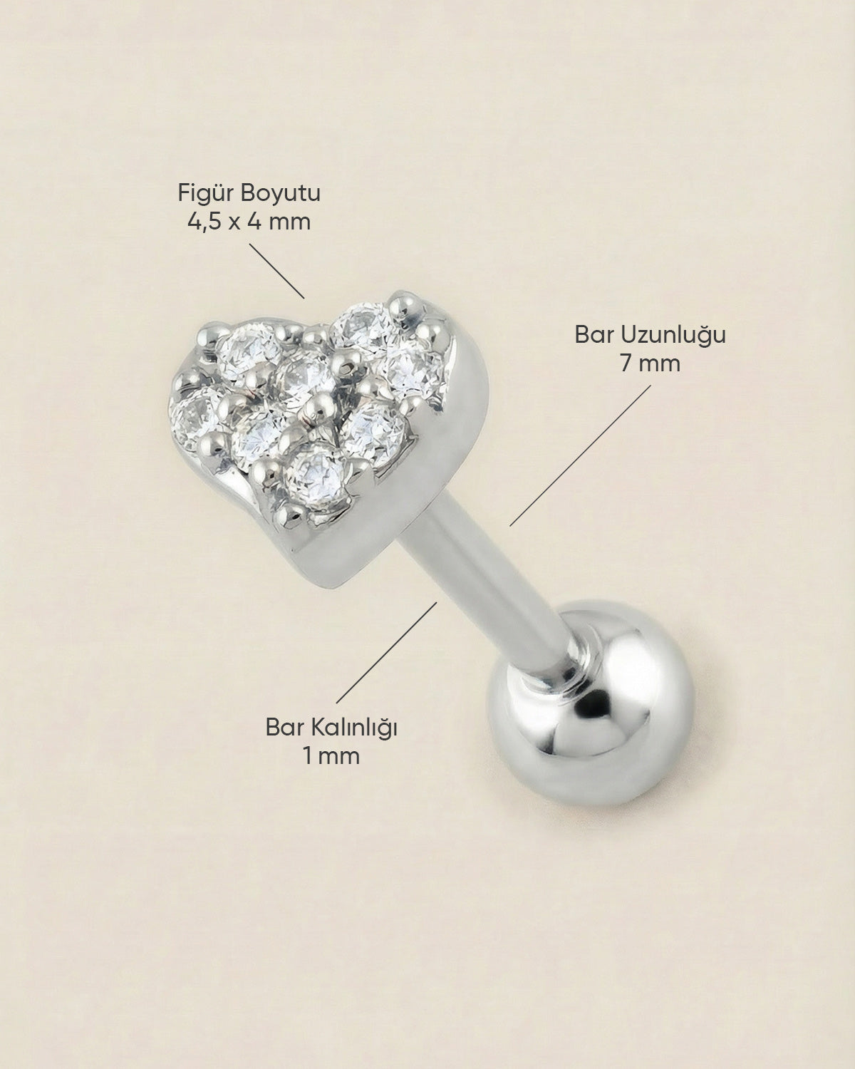Gümüş renkli 316L cerrahi çelik pave zirkon taşlı kalp tragus piercing tasarımın ölçüleri.
