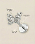 Gümüş renkli 316L cerrahi çelik pave zirkon taşlı kelebek flatback piercingin ölçüleri.
