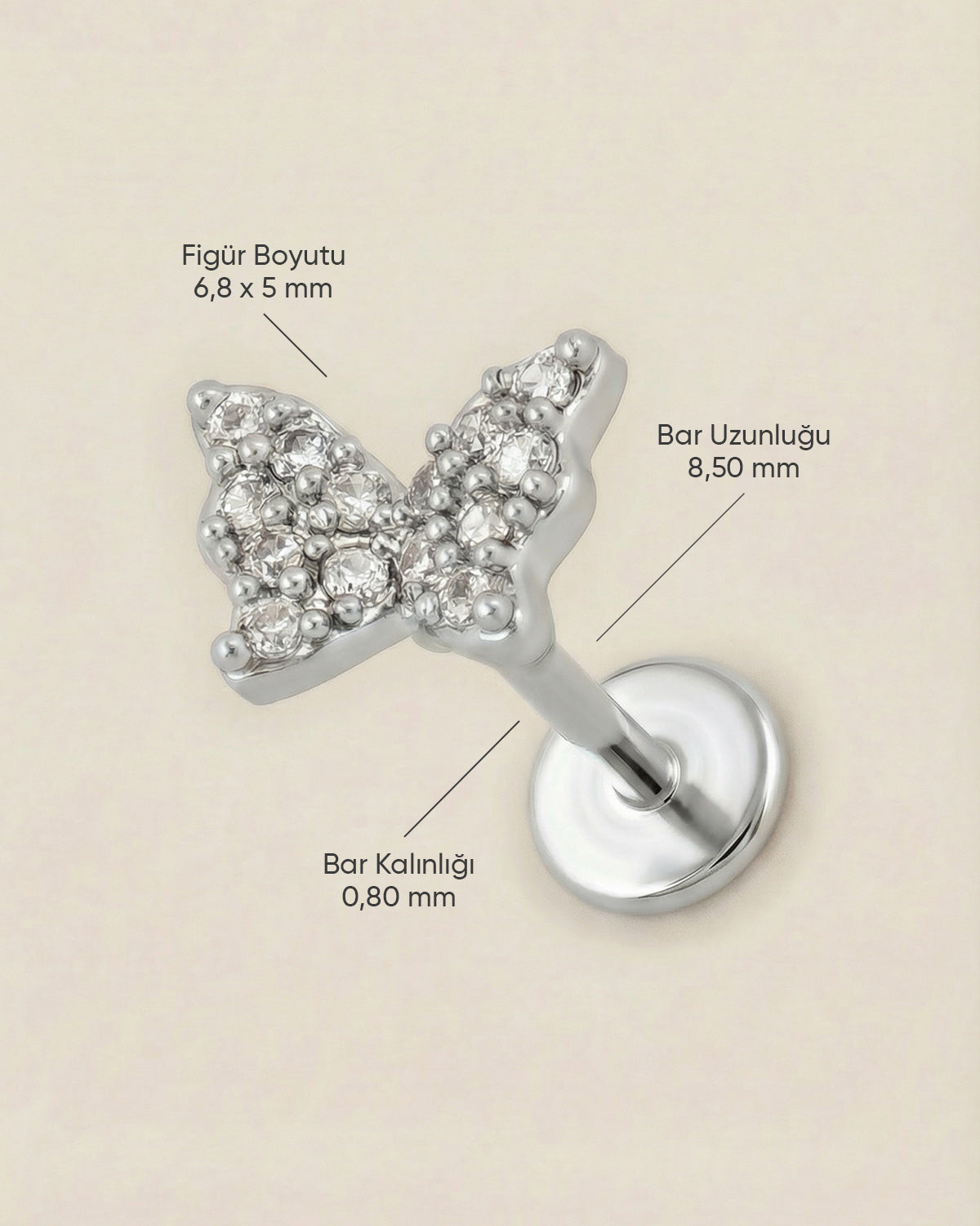 Gümüş renkli 316L cerrahi çelik pave zirkon taşlı kelebek flatback piercingin ölçüleri.