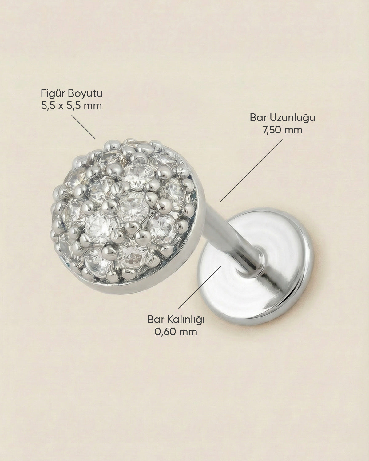 Gümüş renkli 316L cerrahi çelik pave zirkon taşlı yarım küre flatback piercingin ölçüleri.
