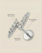 Gümüş renkli 316L cerrahi çelik şimşek formlu flatback piercing tasarımın ölçüleri.