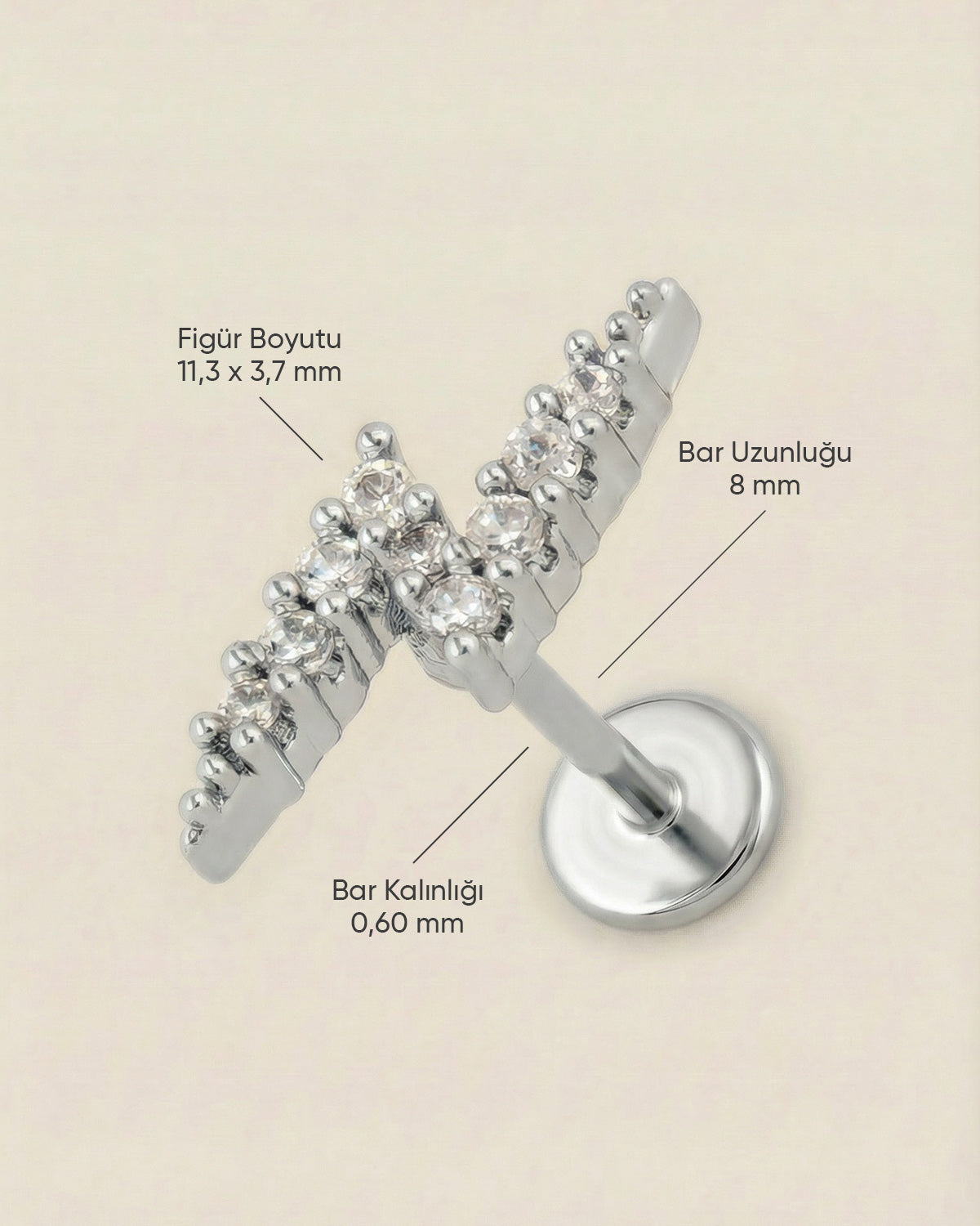 Gümüş renkli 316L cerrahi çelik şimşek formlu flatback piercing tasarımın ölçüleri.