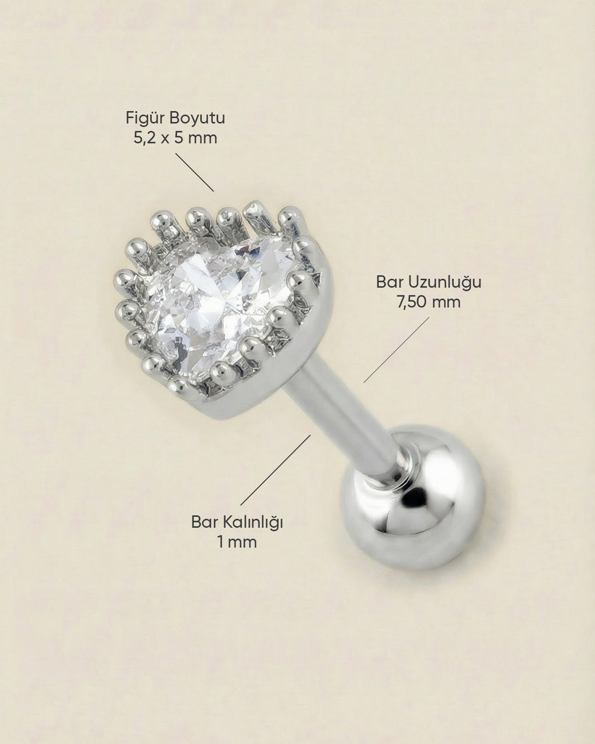 Gümüş renkli 316L cerrahi çelik taç detaylı kalp tragus piercing tasarımın ölçüleri.