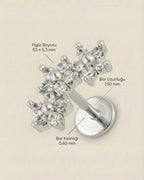 Gümüş renkli 316L cerrahi çelik üçlü çiçek zirkon taşlı flatback piercing tasarımın ölçüleri.
