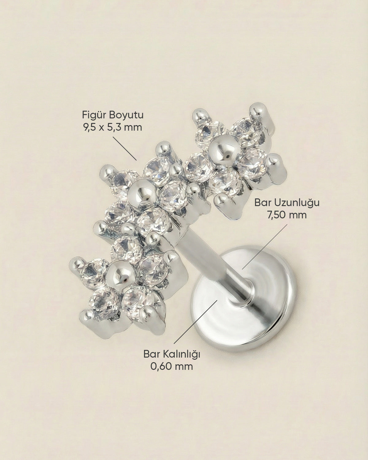 Gümüş renkli 316L cerrahi çelik üçlü çiçek zirkon taşlı flatback piercing tasarımın ölçüleri.