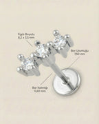 Gümüş renkli 316L cerrahi çelik üçlü sıra zirkon taşlı minimal flatback piercingin ölçüleri.