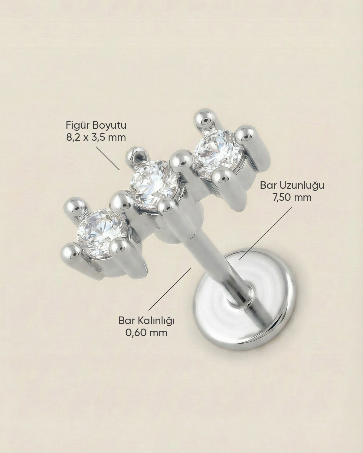 Gümüş renkli 316L cerrahi çelik üçlü sıra zirkon taşlı minimal flatback piercingin ölçüleri.