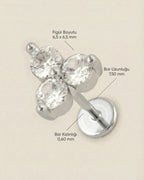 Gümüş renkli 316L cerrahi çelik üçlü taşlı trinity flatback piercing tasarımın ölçüleri.