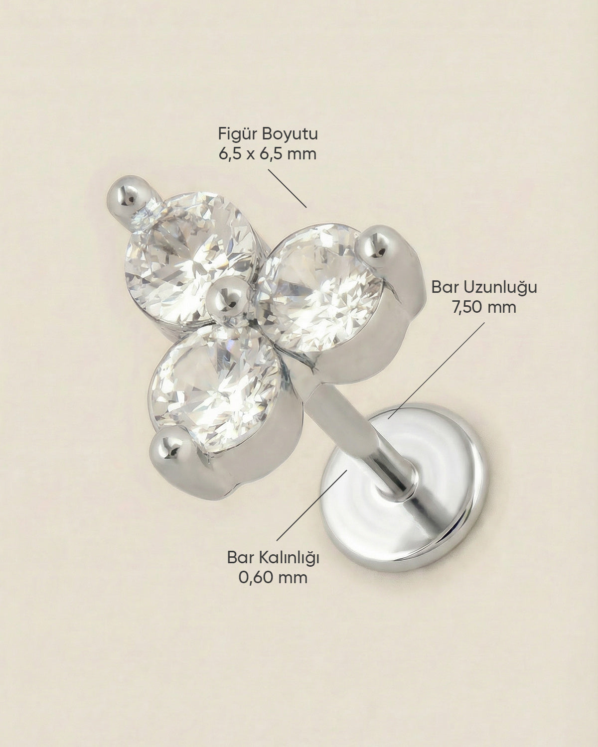 Gümüş renkli 316L cerrahi çelik üçlü taşlı trinity flatback piercing tasarımın ölçüleri.