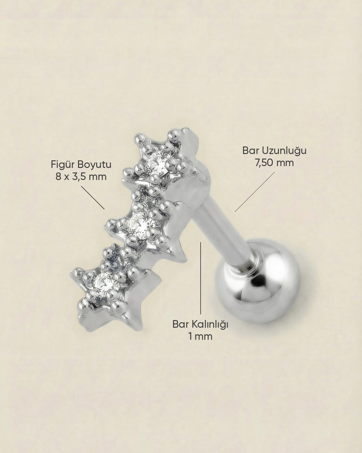 Gümüş renkli 316L cerrahi çelik üçlü yıldız formlu zirkon taşlı tragus piercing tasarımın ölçüleri.