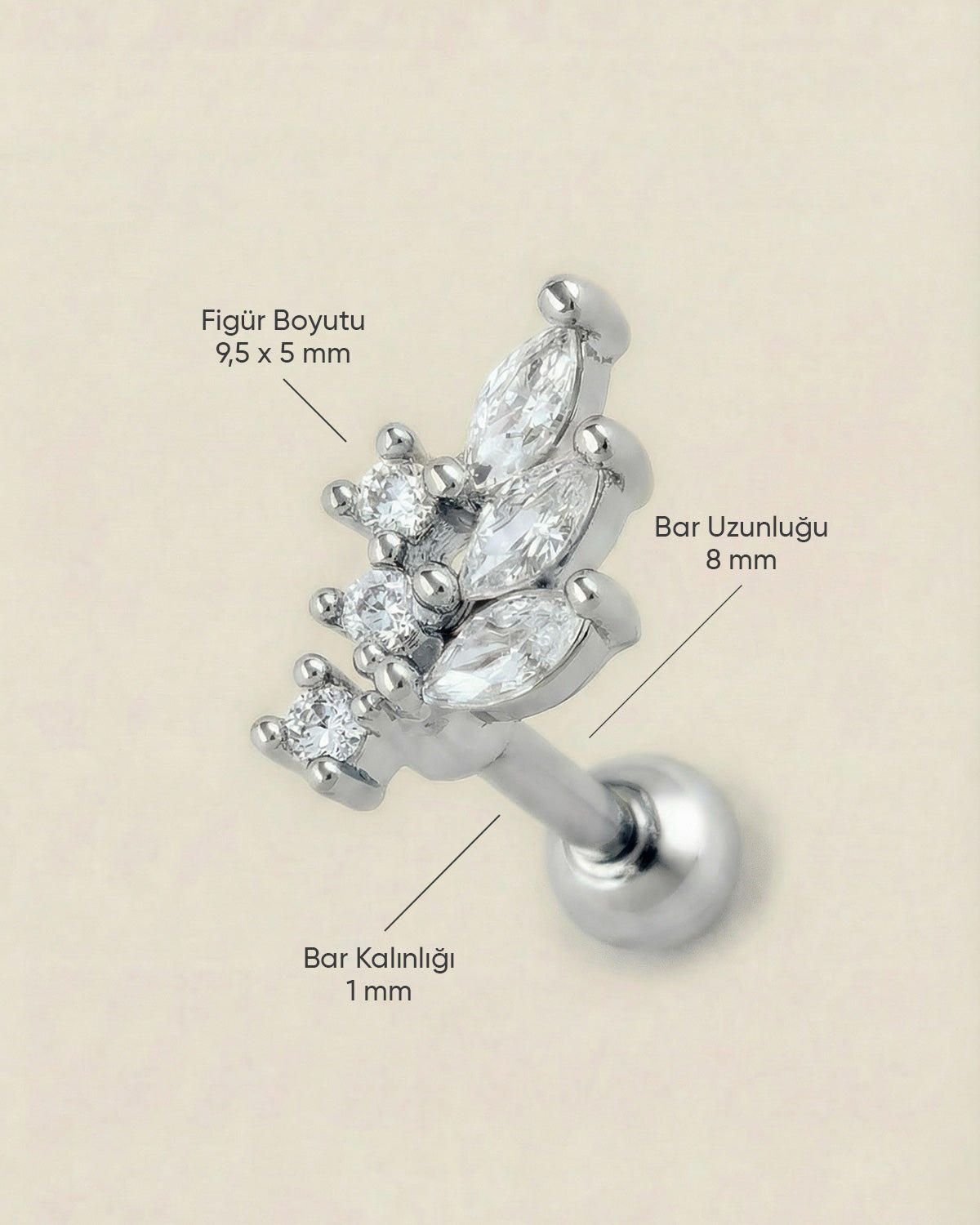 Gümüş renkli 316L cerrahi çelik yaprak formlu zirkon taşlı tragus piercing tasarımın ölçüleri.