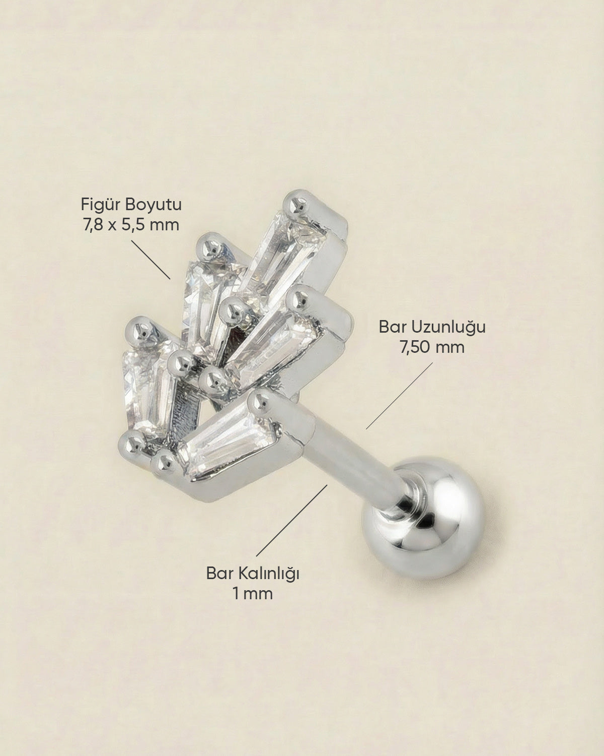 Gümüş renkli 316L cerrahi çelik yelpaze formlu zirkon taşlı tragus piercing tasarımın ölçüleri.
